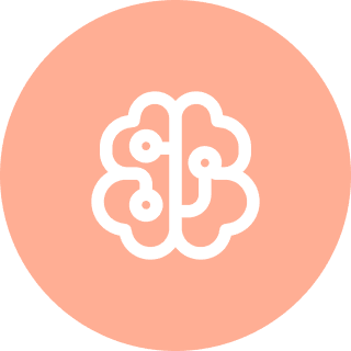 Icon of a brain with circuit lines, symbolizing cognitive therapy techniques, stands proudly against a peach-colored circular background.