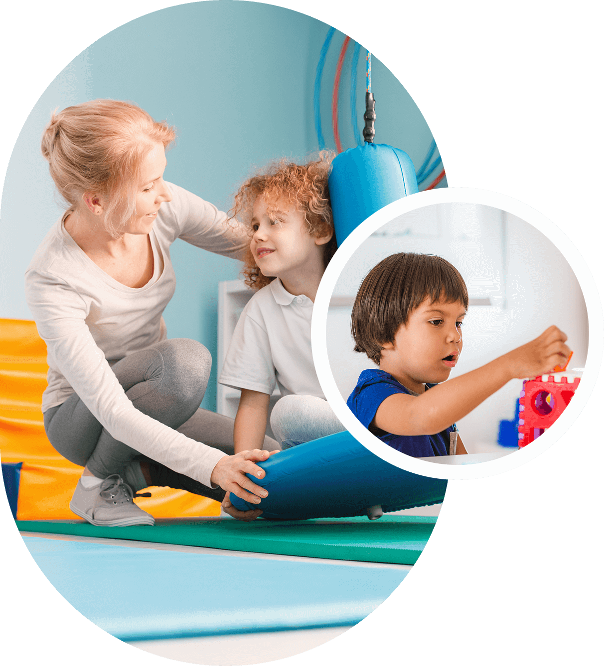 An adult assists a child with a blue balance disc, incorporating Sensory Integration Therapy techniques. Inset: Another child engages with building blocks, further enhancing sensory learning experiences.