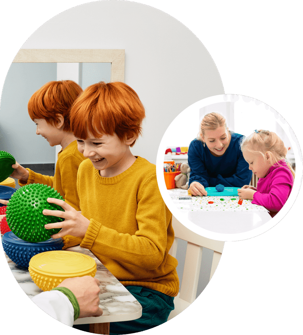 A child in a yellow sweater plays with textured balls at a table while their reflection captures a moment of joy, akin to positive Better Me Therapy reviews. Inset: A woman and child collaborate on a colorful activity, embodying growth and connection.