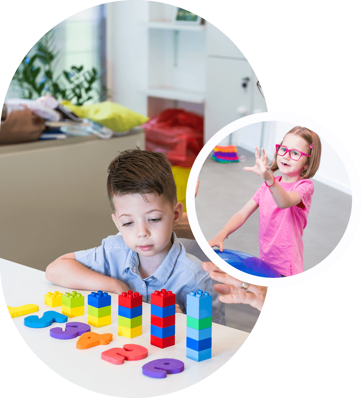 In an occupational therapy session for autism, a boy in a classroom builds with colorful blocks, while a girl nearby gestures with her hand.