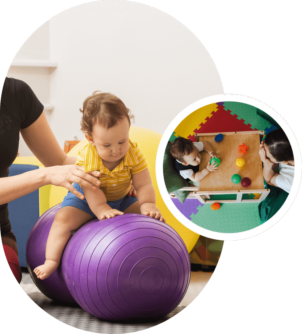 A woman supports a baby sitting on a purple exercise ball, introducing early motor skills. In an inset, two children play with toys at a small table on colorful foam mats, creating a scene reminiscent of therapy registration forms for kids focused on holistic development.