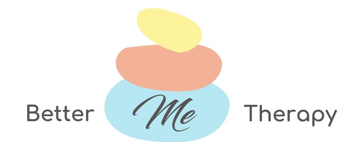Abstract logo with three overlapping pastel shapes in yellow, peach, and blue, featuring the word 'Me' in elegant script on the blue shape.